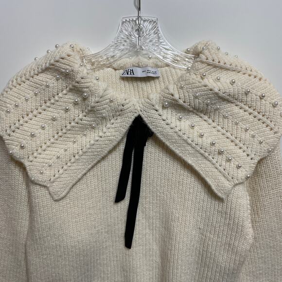ZARA Ruffled Cable Knit Sweater Ecru with Pearls and Bow Size Small 4331/003 - Picture 8 of 16